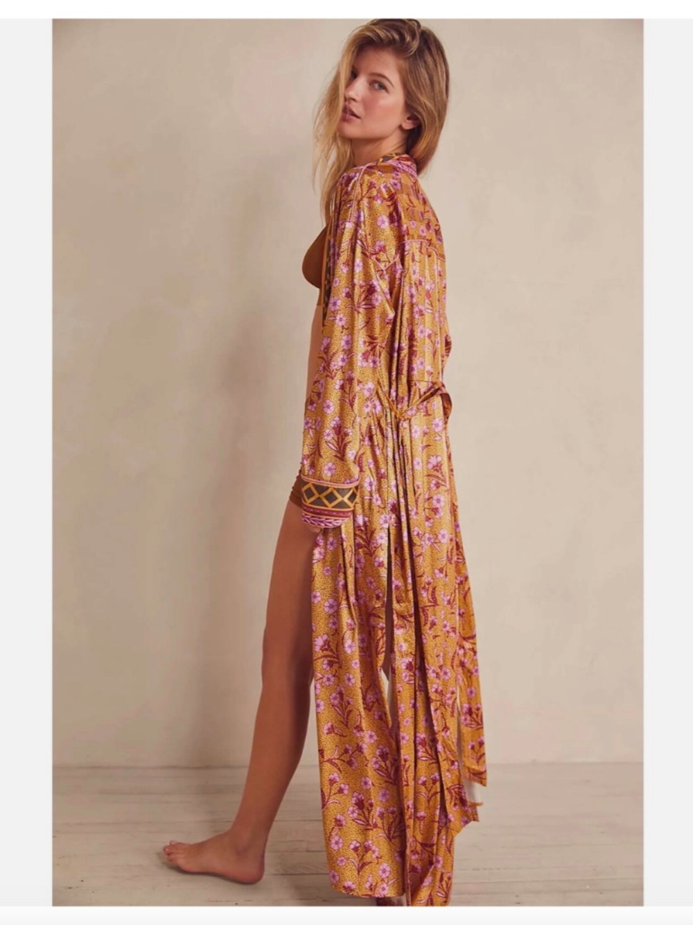 Free People Intimately Holiday Pajama Robe In Gold Combo Hippie Coat Womens M